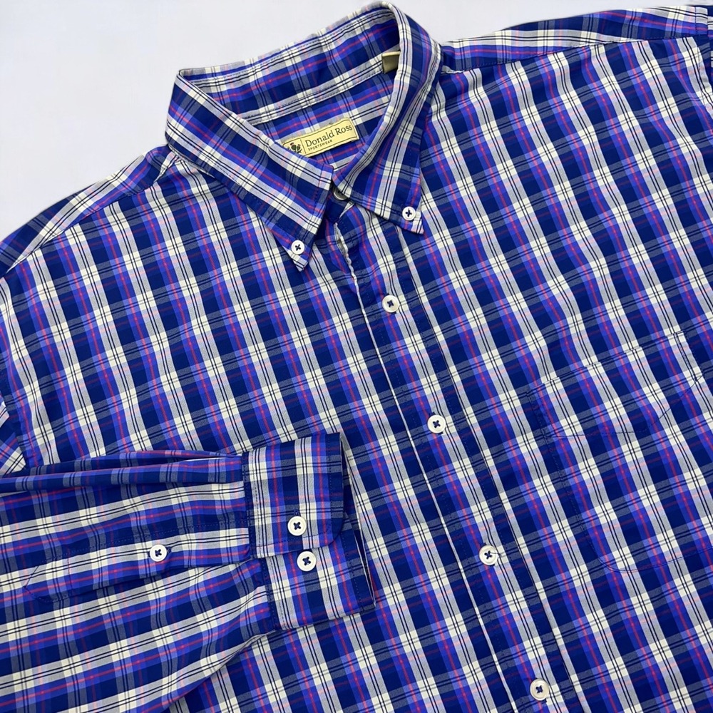 Donald Ross Button Down Shirt Mens XL Blue Plaid Long Sleeve Performance Stretch